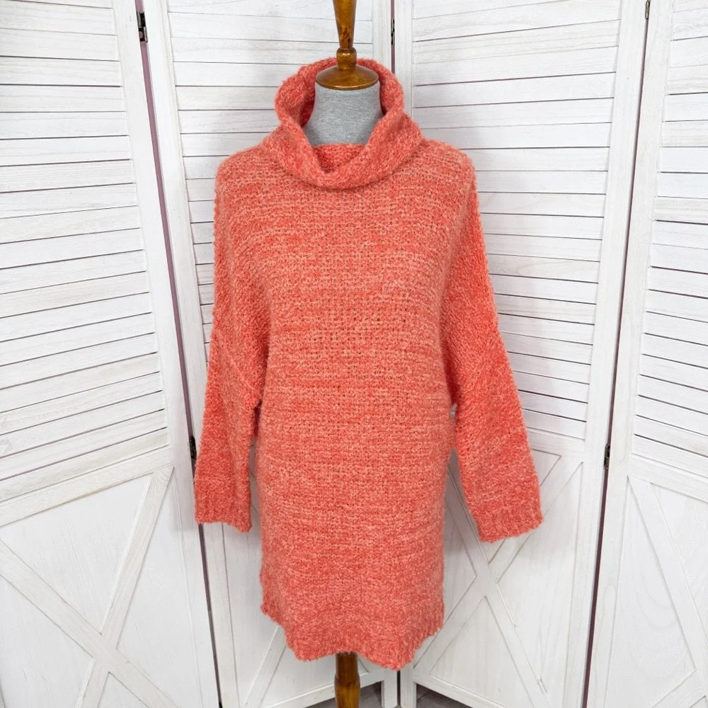 Free People She's All That Alpaca Knit Funnel Neck Tunic Sweater Orange XS‎